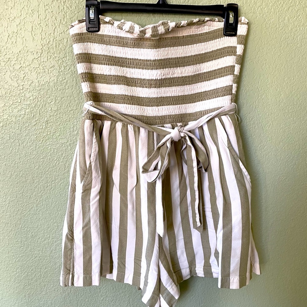 Green and White Striped Strapless Romper